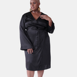made in the softest washed silk charmeuse, this double-breasted wrap robe has long bell sleeves  wear barefoot, with a soft fuzzy slipper for a night in, or a strappy heel for a night on the town  soft collar wrap belt (not removable) relaxed fit midi length  washed 100% silk charmeuse  designed in new york city, new york made in new york city, new york   size details - available in 0/2-20/22