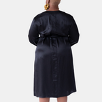 made in the softest washed silk charmeuse, this double-breasted wrap robe has long bell sleeves  wear barefoot, with a soft fuzzy slipper for a night in, or a strappy heel for a night on the town  soft collar wrap belt (not removable) relaxed fit midi length  washed 100% silk charmeuse  designed in new york city, new york made in new york city, new york   size details - available in 0/2-20/22