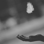 Black and white photo of a feather falling onto an outstretched hand with a blurred background