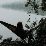 Person sitting in a hammock by a lake with trees in the background
